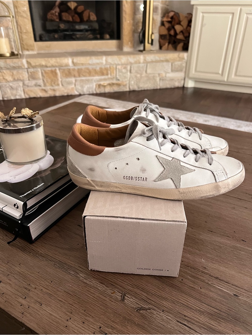 Golden Goose Men's White Sneakers with Brown Heel Tab and Gray Star